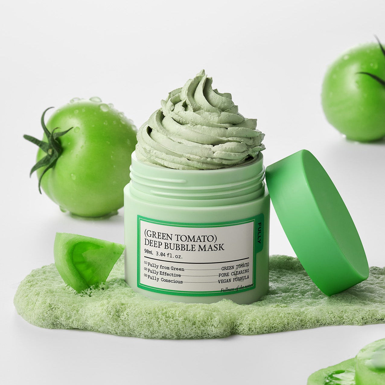 FULLY Green Tomato Deep Bubble Mask 90ml de la marque FULLY, pot vert sur fond blanc, décor tomates vertes et mousse.