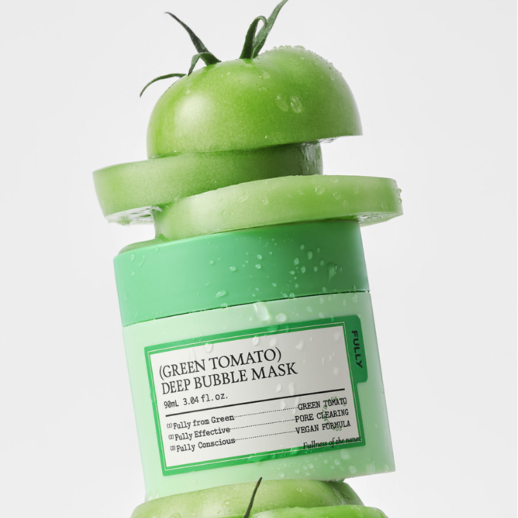 FULLY Green Tomato Deep Bubble Mask 90ml, marque FULLY, flacon vert sur fond blanc avec tranches de tomate verte.