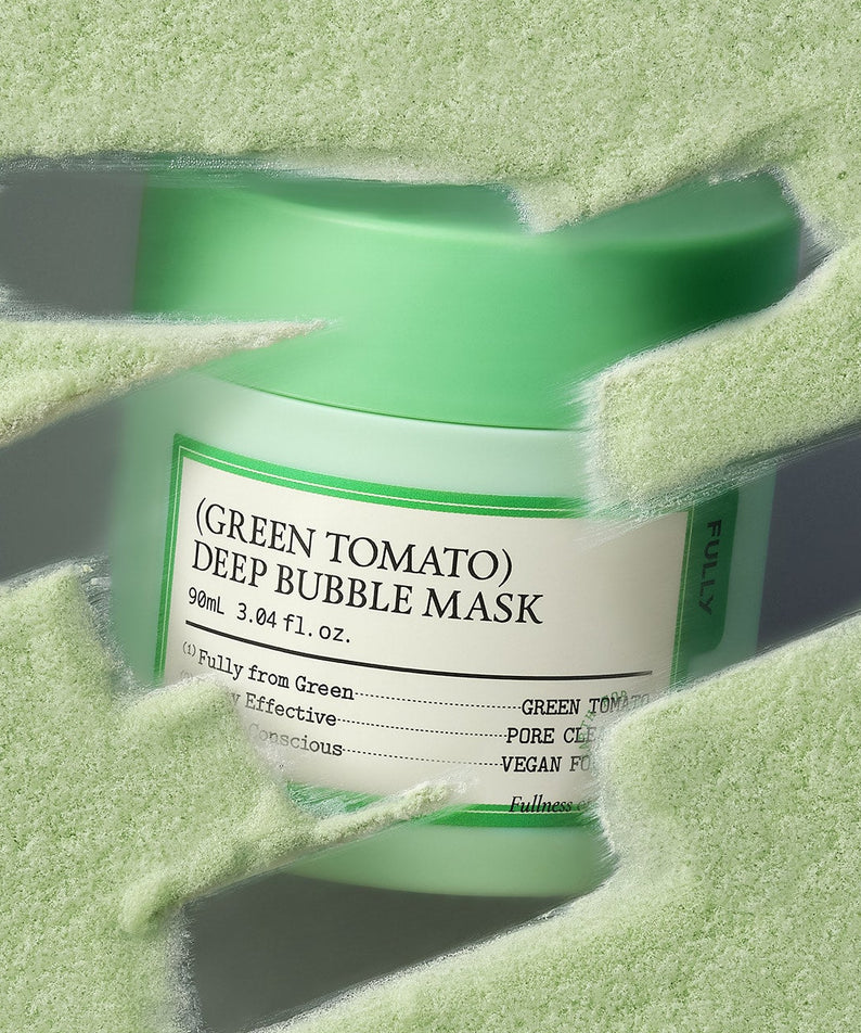 FULLY Green Tomato Deep Bubble Mask 90ml de marque FULLY, tube vert sur fond texturé évoquant la tomate verte.