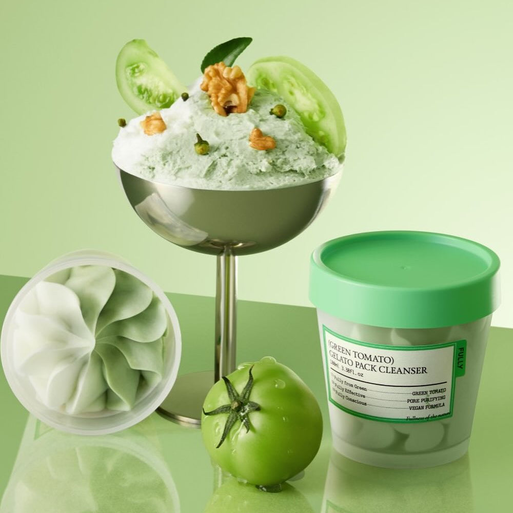 FULLY Green Tomato Gelato Pack Cleanser 100ml de la marque FULLY, pot vert sur fond vert avec tomates et gelato