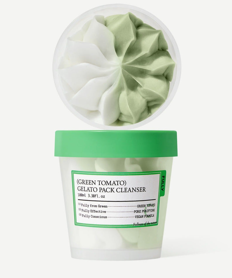 FULLY  Green Tomato Gelato Pack Cleanser 100ml, gel nettoyant vert en pot sur fond blanc, visuel produit FULLY