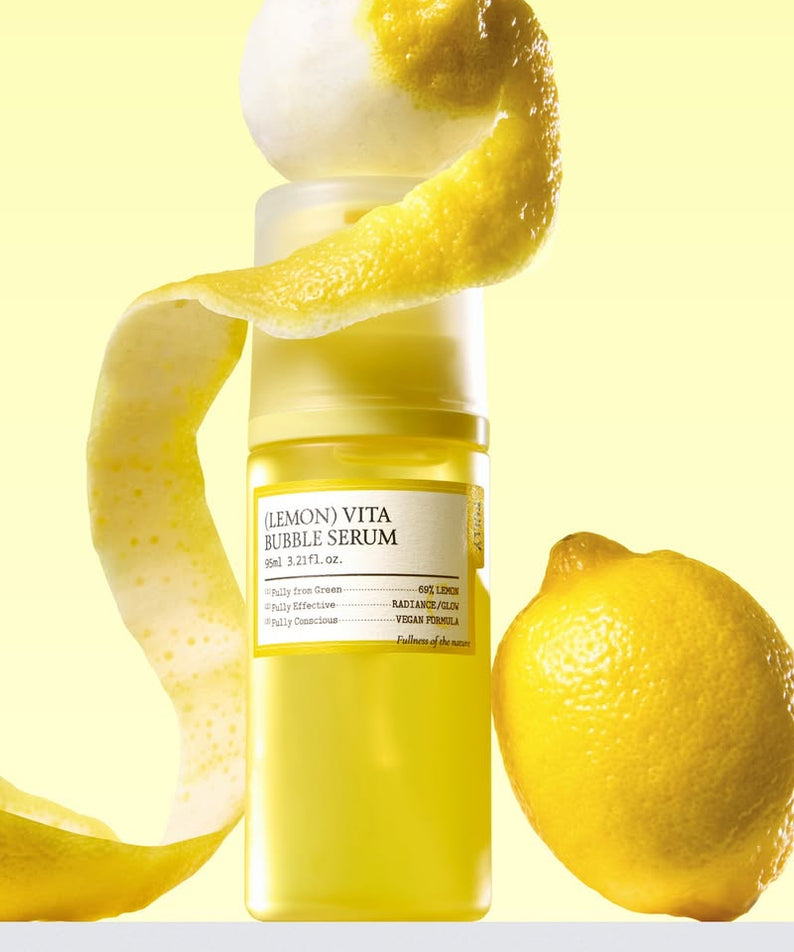 FULLY  Lemon Vita Bubble Serum 95ml de la marque FULLY, flacon jaune sur fond clair, citrons et bulles visibles