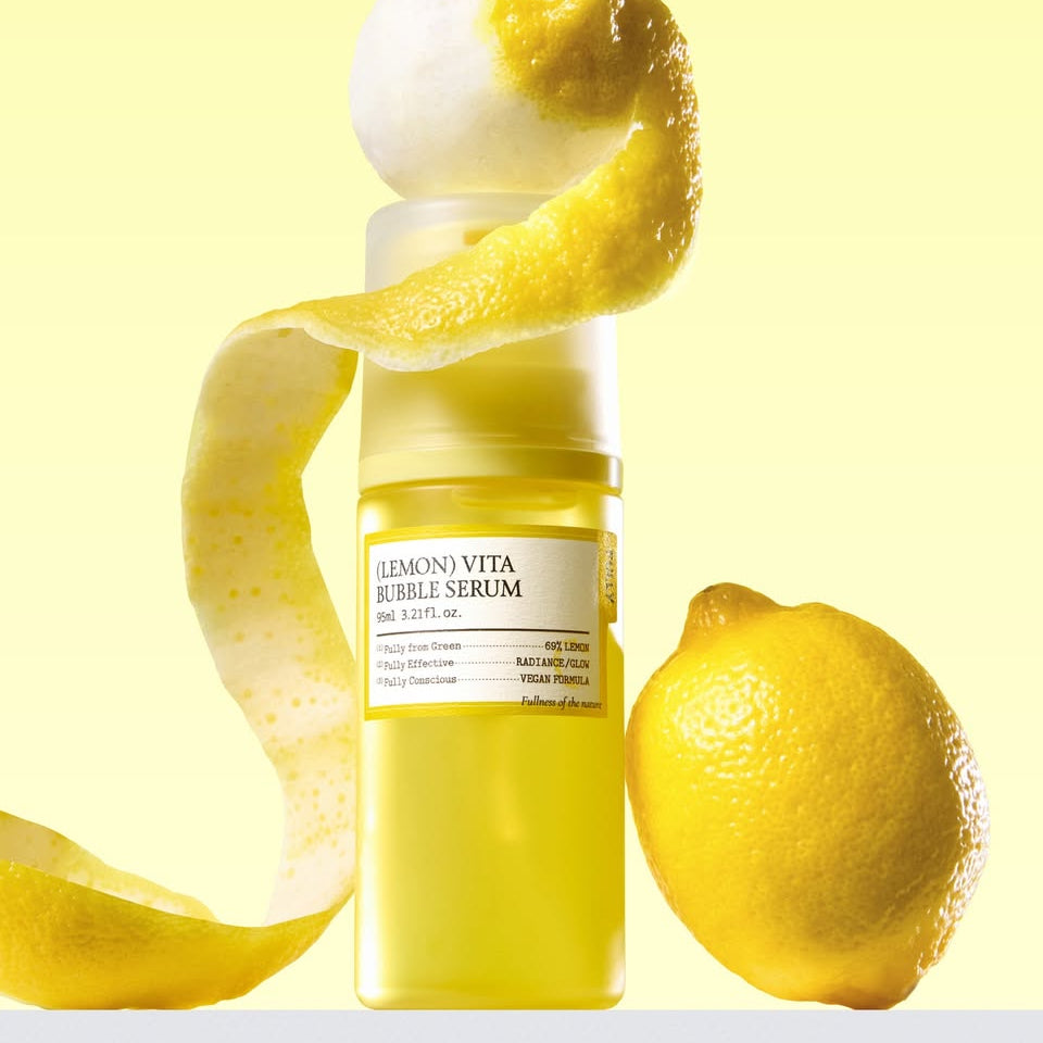 FULLY  Lemon Vita Bubble Serum 95ml de la marque FULLY, flacon jaune sur fond clair, citrons et bulles visibles