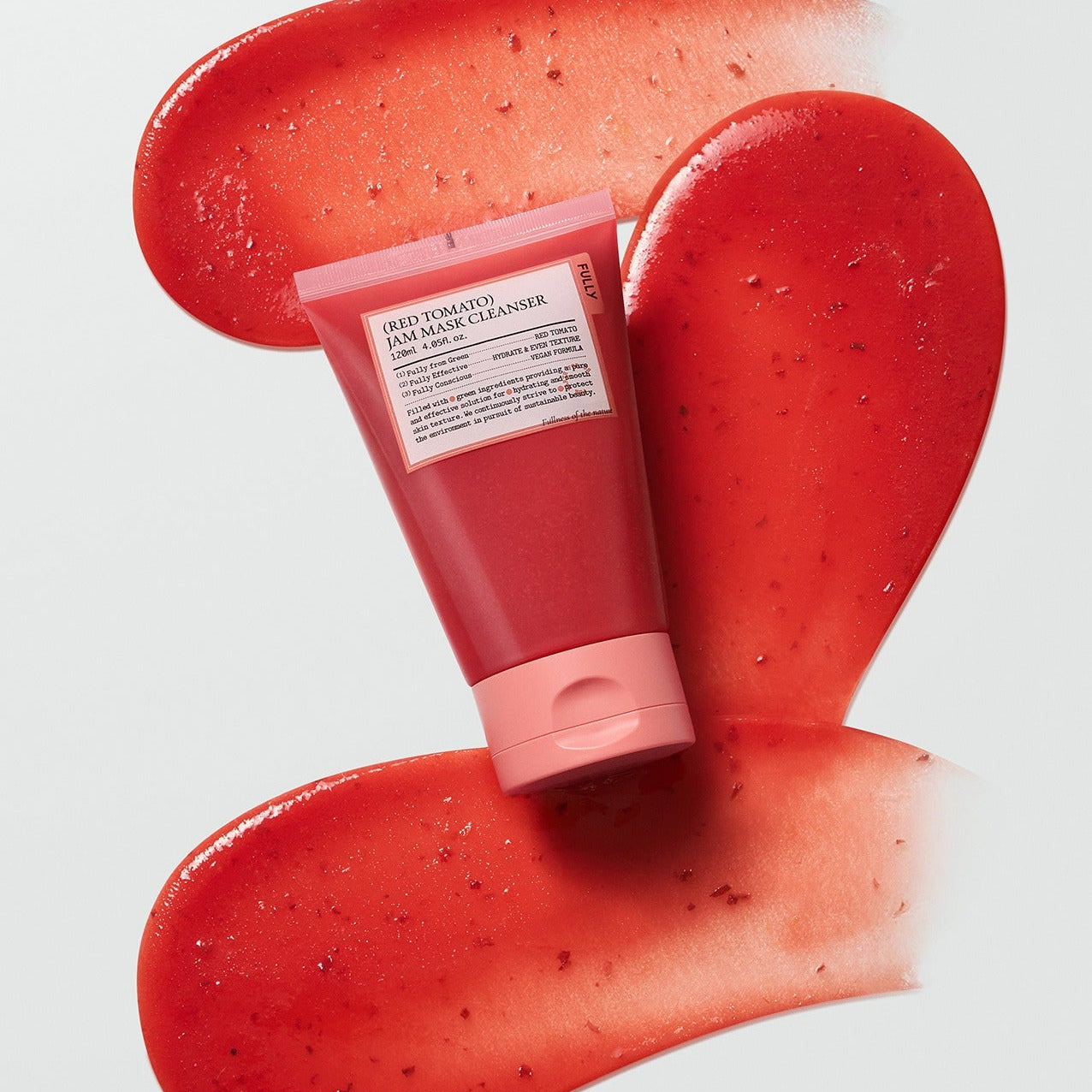 FULLY Red Tomato Jam Pack Cleanser 120ml de FULLY, flacon crème rouge sur gel tomate, visuel produit sur fond clair.