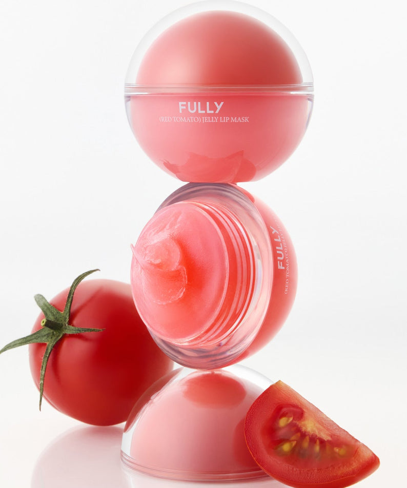 FULLY Red Tomato Jelly Lip Mask 12g de la marque FULLY, masque pour lèvres rouge en gel, photo avec tomates