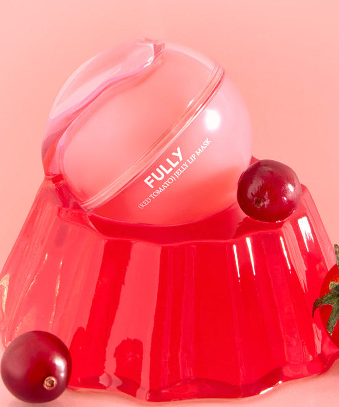 FULLY Red Tomato Jelly Lip Mask 12g, marque FULLY, gelée rouge en pot avec tomates cerises sur fond rose.