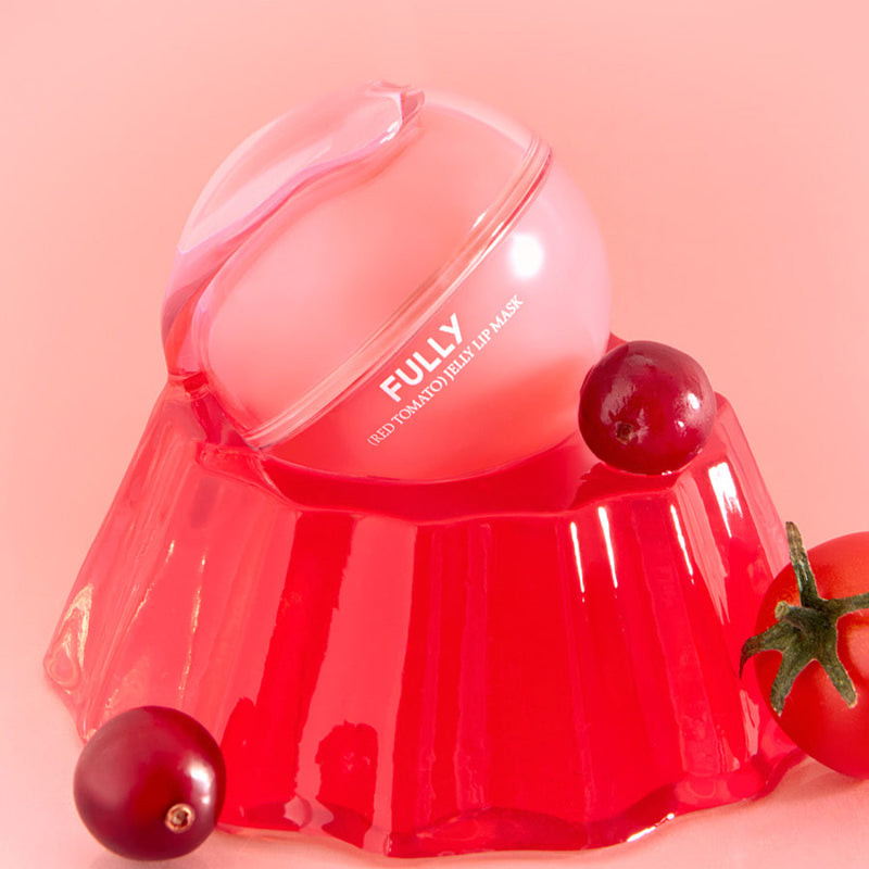 FULLY Red Tomato Jelly Lip Mask 12g, marque FULLY, gelée rouge en pot avec tomates cerises sur fond rose.