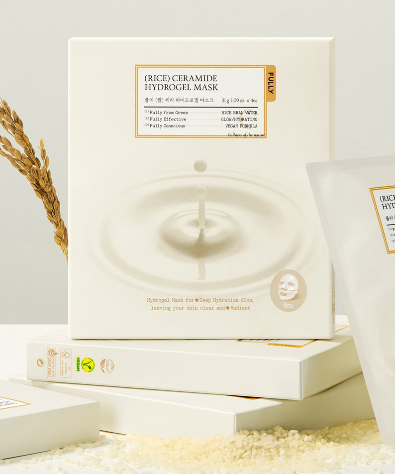 FULLY Rice Cera Hydrogel Mask de la marque FULLY, masque hydrogel sur fond crème avec épis de riz, présentation produit.