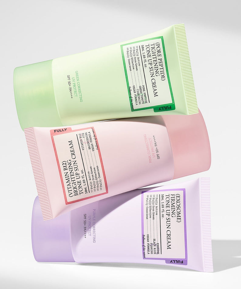 FULLY Tone-up Sunscreen 3-Piece Set de la marque FULLY : crèmes solaires vertes et roses sur fond clair, détail produit