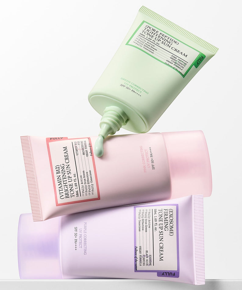 FULLY Tone-up Sunscreen 3-Piece Set FULLY, tubes crème solaire sur fond clair, look skincare moderne