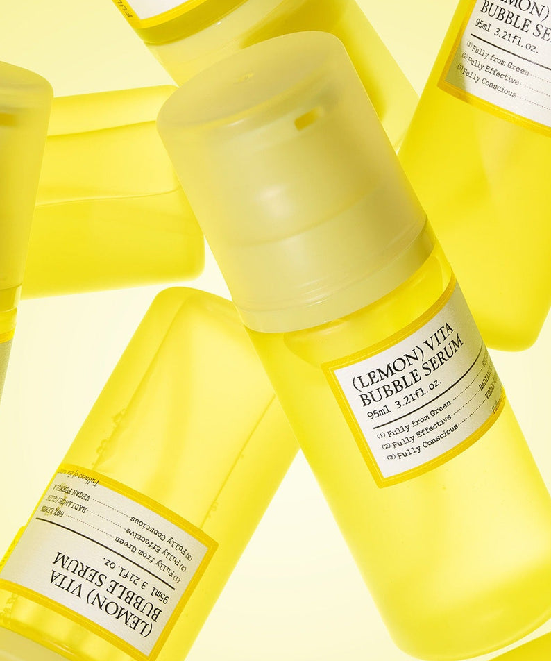 Sérum énergétique FULLY Lemon Vita Bubble Serum 95ml, flacons jaunes vifs. Hydratation et éclat pour la peau.