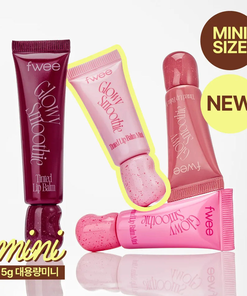 FWEE Glow Smoothie Tinted Lip Balm de la marque FWEE, tubes et mini taille, visuel produit maquillage sur fond blanc.
