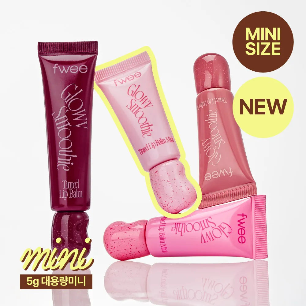 FWEE Glow Smoothie Tinted Lip Balm de la marque FWEE, tubes et mini taille, visuel produit maquillage sur fond blanc.