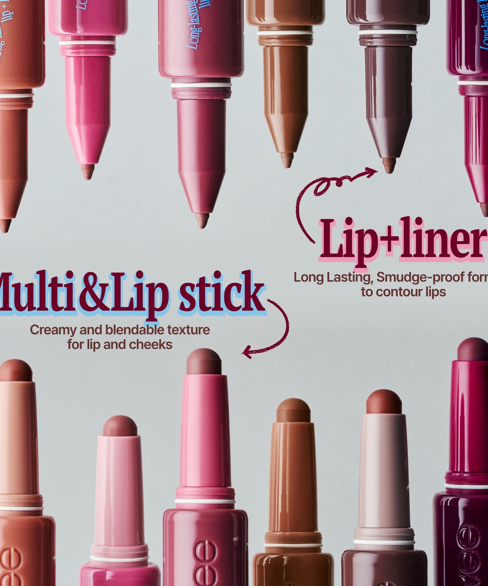 FWEE Long-Lasting Dual Coloring Stick Lip+Liner, sticks de maquillage FWEE sur fond clair, dégradés rose et brun