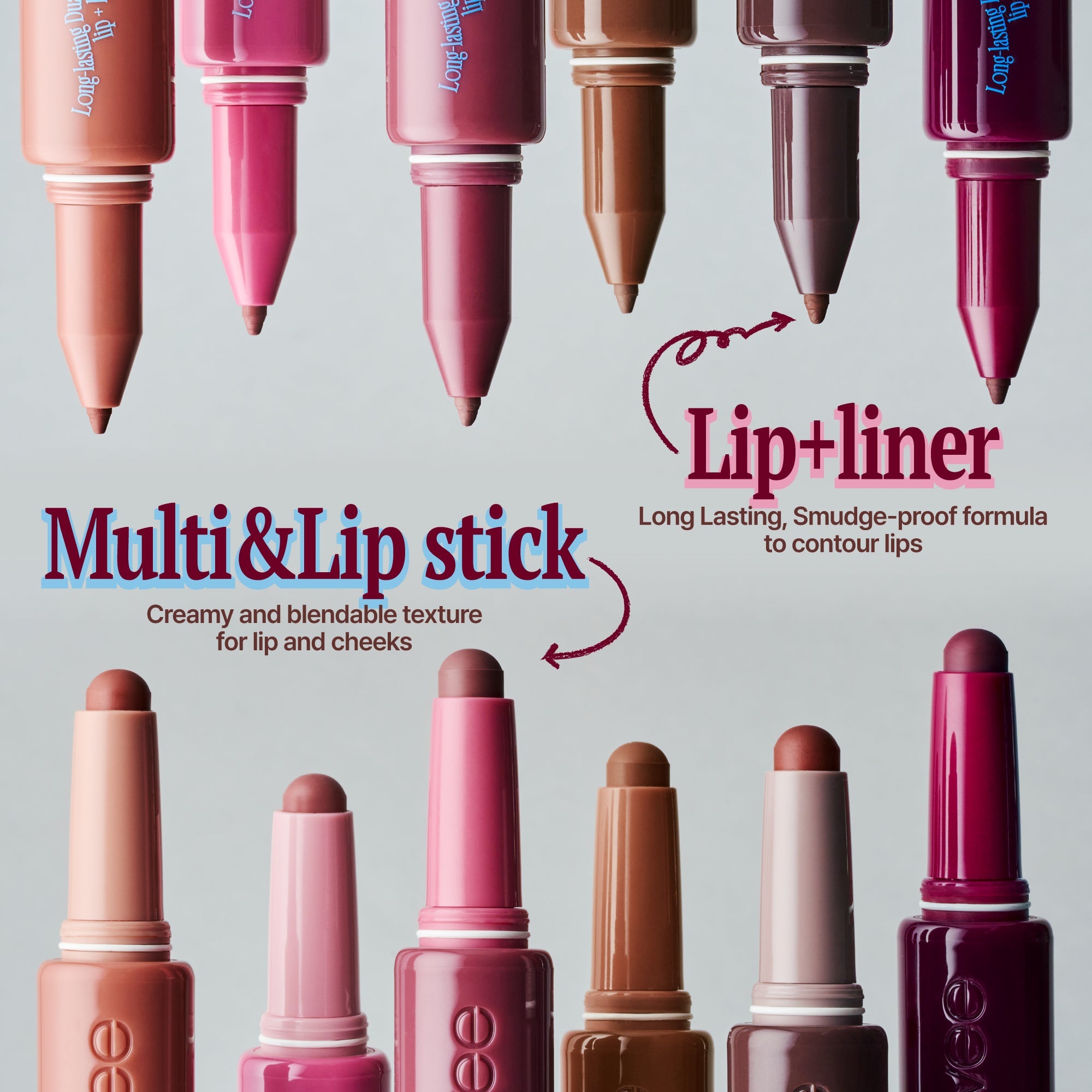 FWEE Long-Lasting Dual Coloring Stick Lip+Liner, sticks de maquillage FWEE sur fond clair, dégradés rose et brun