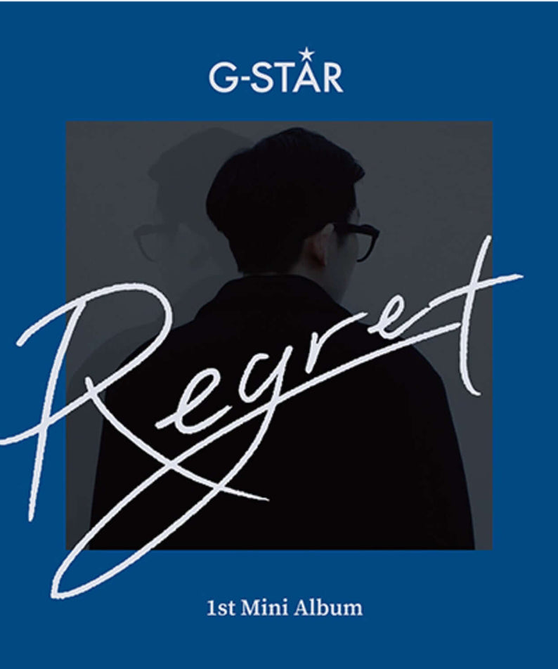 G-STAR - EP [REGRET] - Album Kpop : jaquette bleue avec silhouette et écriture “Regret”, 1st Mini Album du groupe G-STAR.