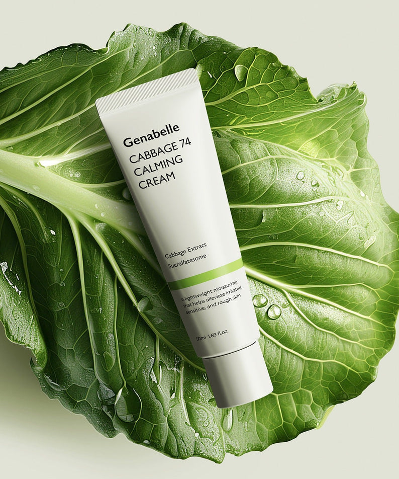 GENABELLE Cabbage 74 Calming Cream 50ml, tube de crème sur feuilles de chou vert, visuel produit apaisant