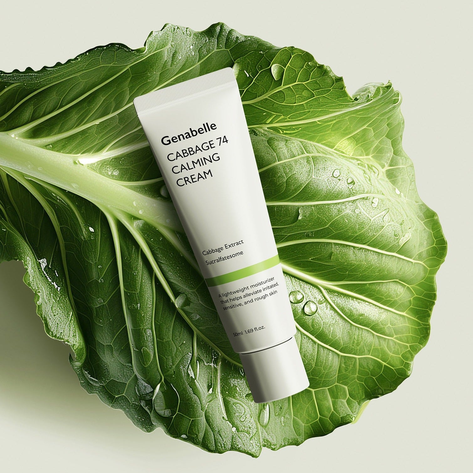 GENABELLE Cabbage 74 Calming Cream 50ml, tube de crème sur feuilles de chou vert, visuel produit apaisant