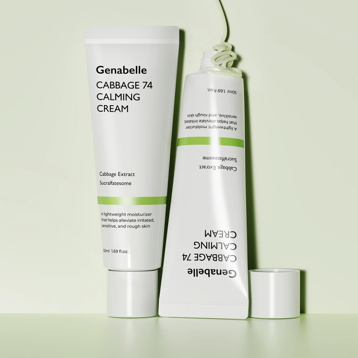 GENABELLE Cabbage 74 Calming Cream 50ml de Genabelle, tube et flacon posés sur fond clair, contexte visuel produit.