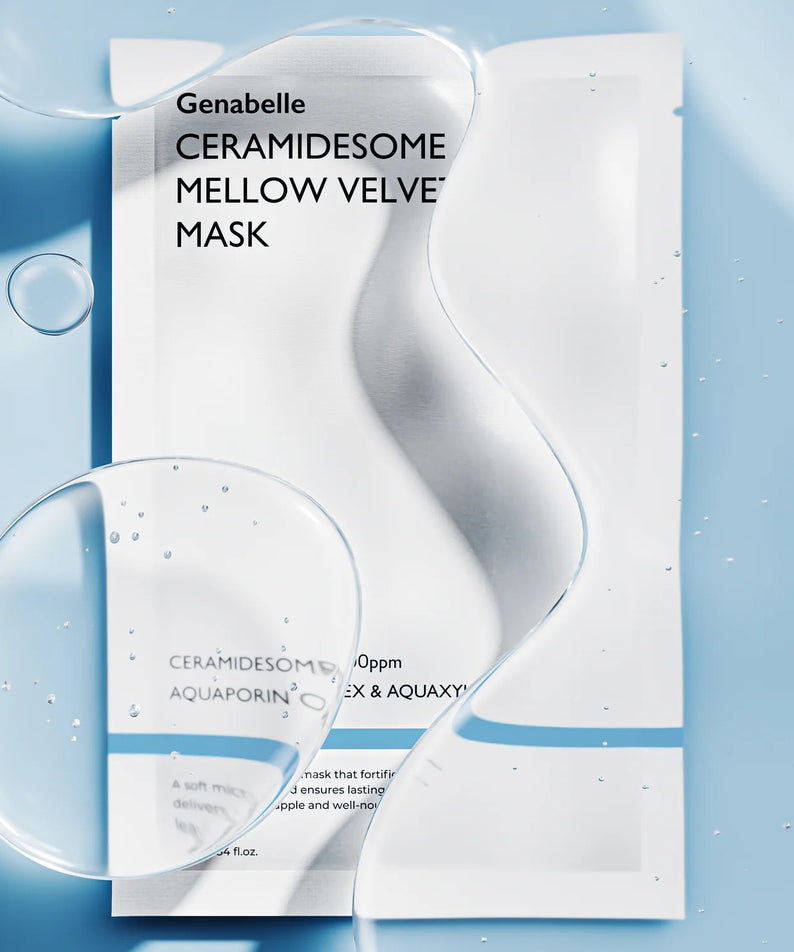GENABELLE Ceramidsome Mellow Velvet Mask 5ea, Genabelle, masque crème visible sur fond bleu avec bulles et texture velours.