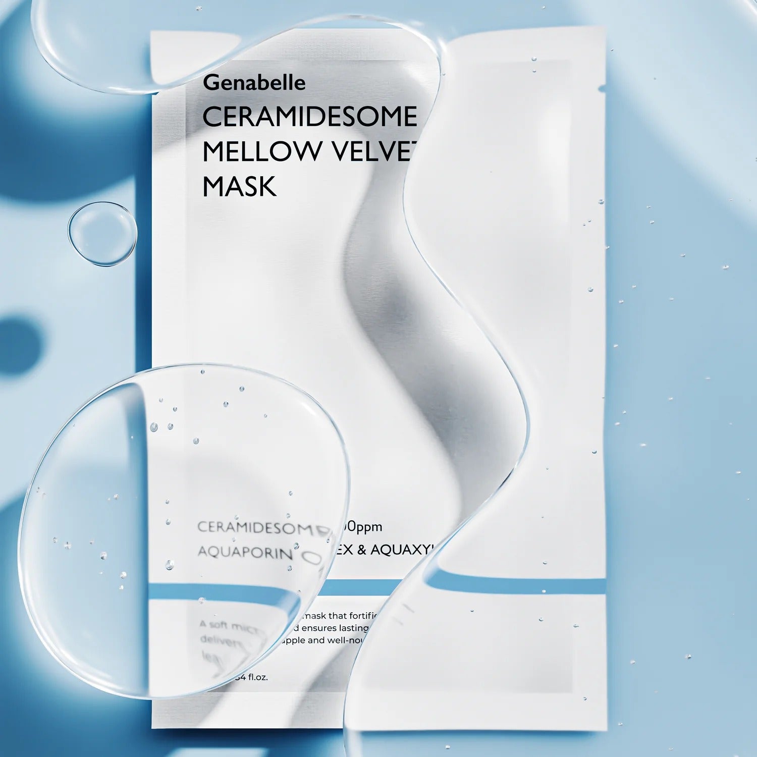 GENABELLE Ceramidsome Mellow Velvet Mask 5ea, Genabelle, masque crème visible sur fond bleu avec bulles et texture velours.