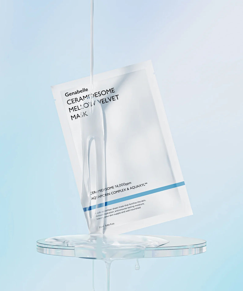 GENABELLE Ceramidsome Mellow Velvet Mask 5ea, masques GENABELLE sur fond bleu clair, présentation en sachet.
