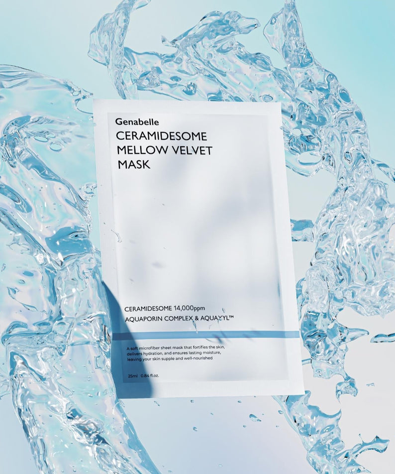 GENABELLE Ceramidsome Mellow Velvet Mask 5ea de Genabelle sur fond bleu avec texture crème, packaging au centre.