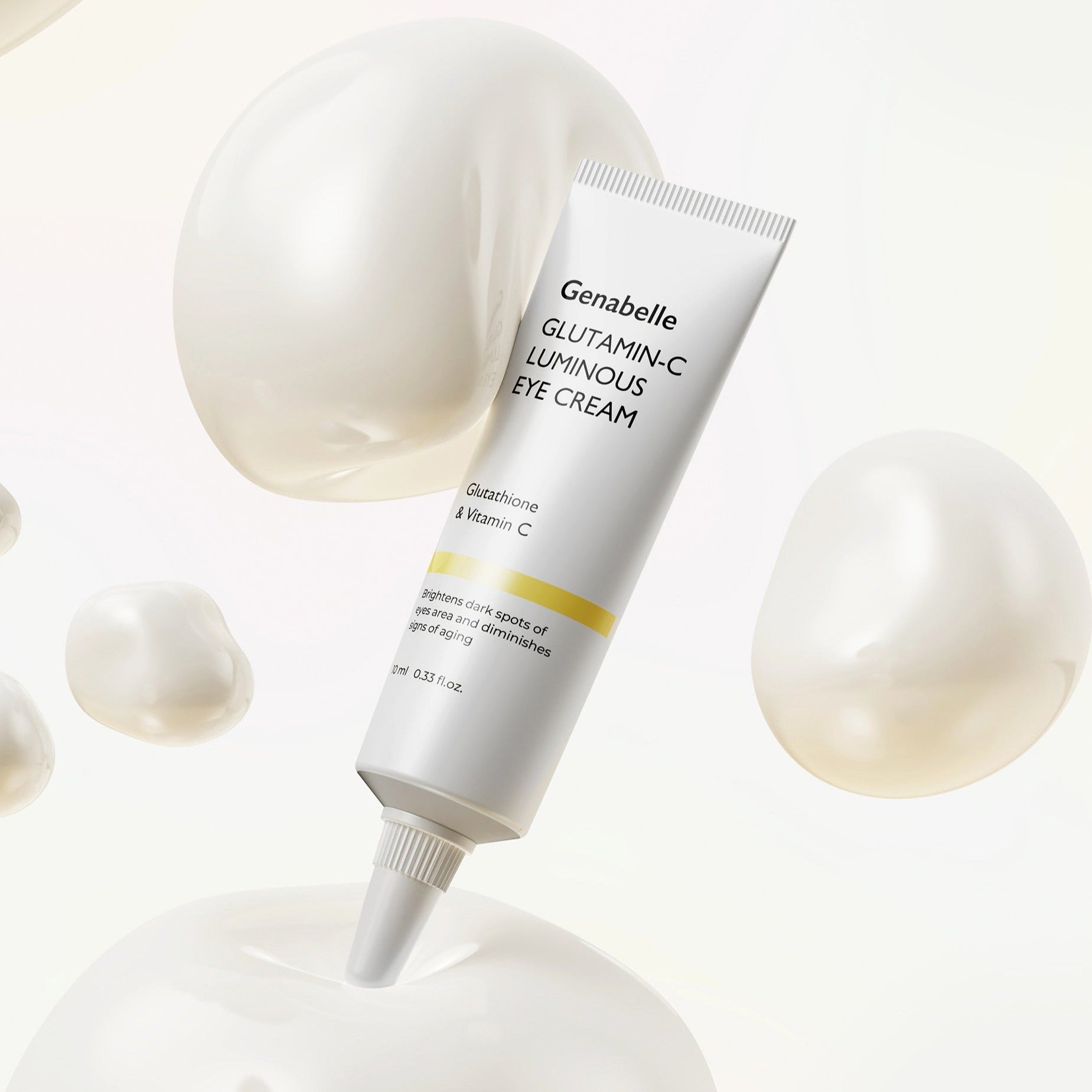 GENABELLE Glutamin-C Luminous Eye Cream 10ml, crème contour des yeux de la marque Genabelle sur fond blanc, flacons.