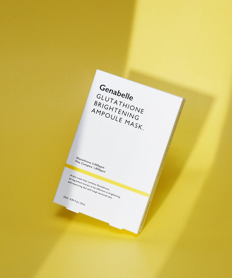 GENABELLE Glutathione Brightening Ampoule Mask 5ea : boîte Genabelle sur fond jaune, éclairage studio, gros plan produit.