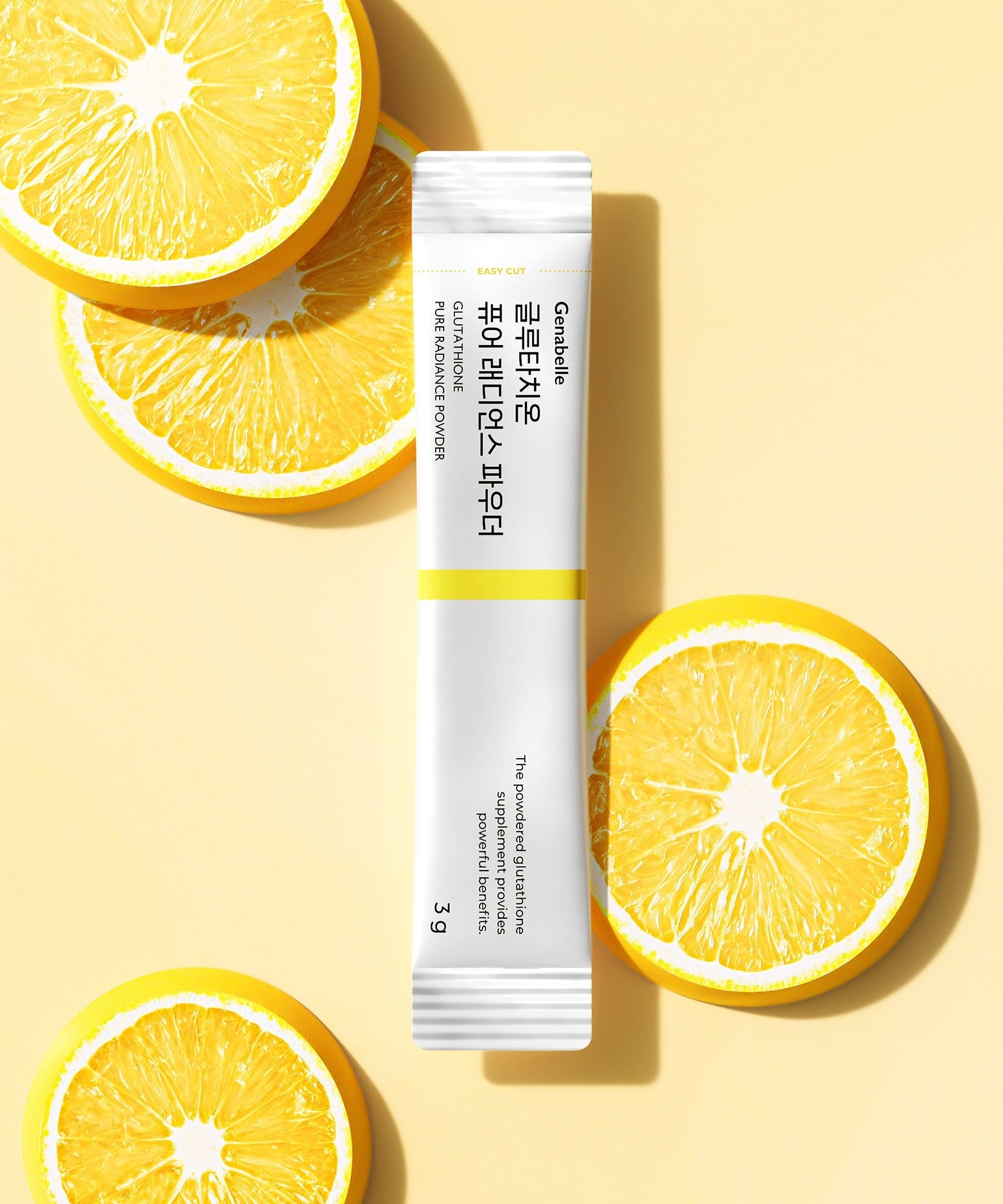 GENABELLE Glutathione Pure Radiance Powder 20ea, marque GENABELLE, sur fond jaune avec tranches de citron