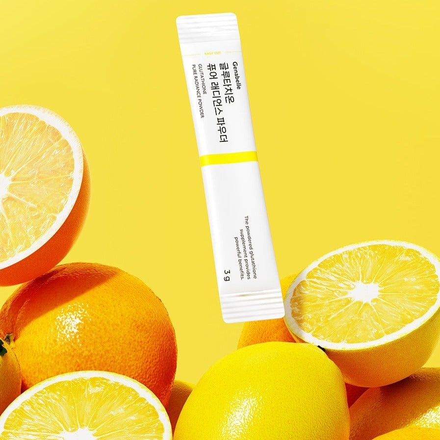 GENABELLE Glutathione Pure Radiance Powder 20ea, tube blanc sur fond jaune avec citrons, marque en contexte visuel fruité