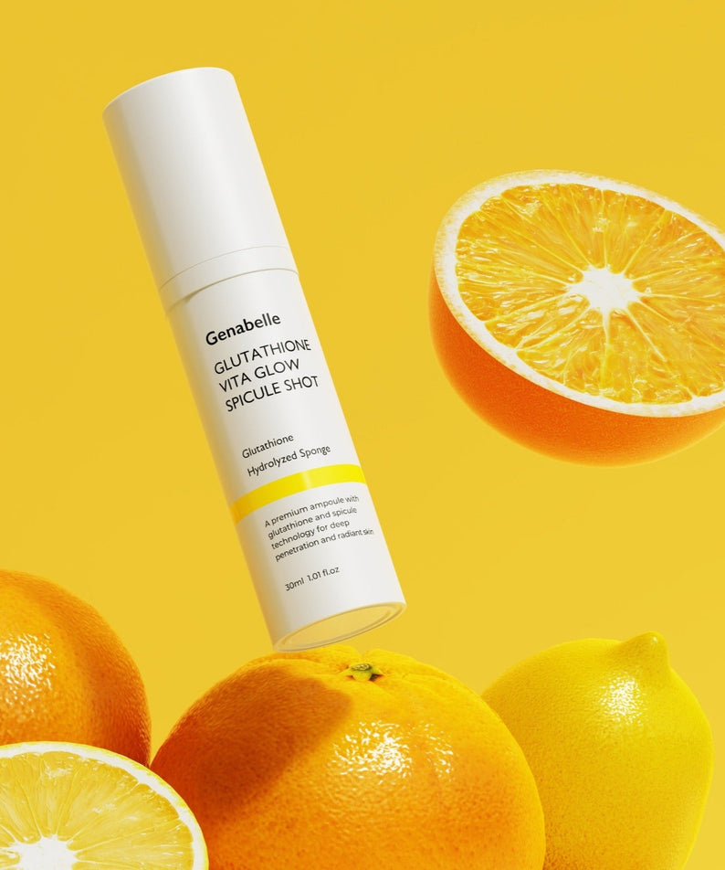 GENABELLE Glutathione Vita Glow Spicule Shot 30ml de Genabelle sur fond jaune, avec agrumes (orange/citron) visuels.