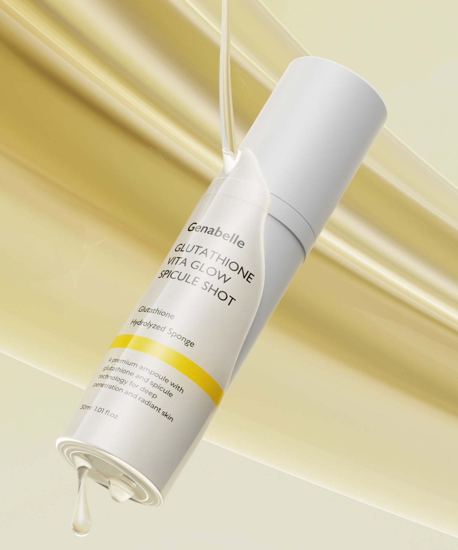 GENABELLE Glutathione Vita Glow Spicule Shot 30ml Genabelle, flacon blanc sur fond jaune lumineux, ambiance skincare.
