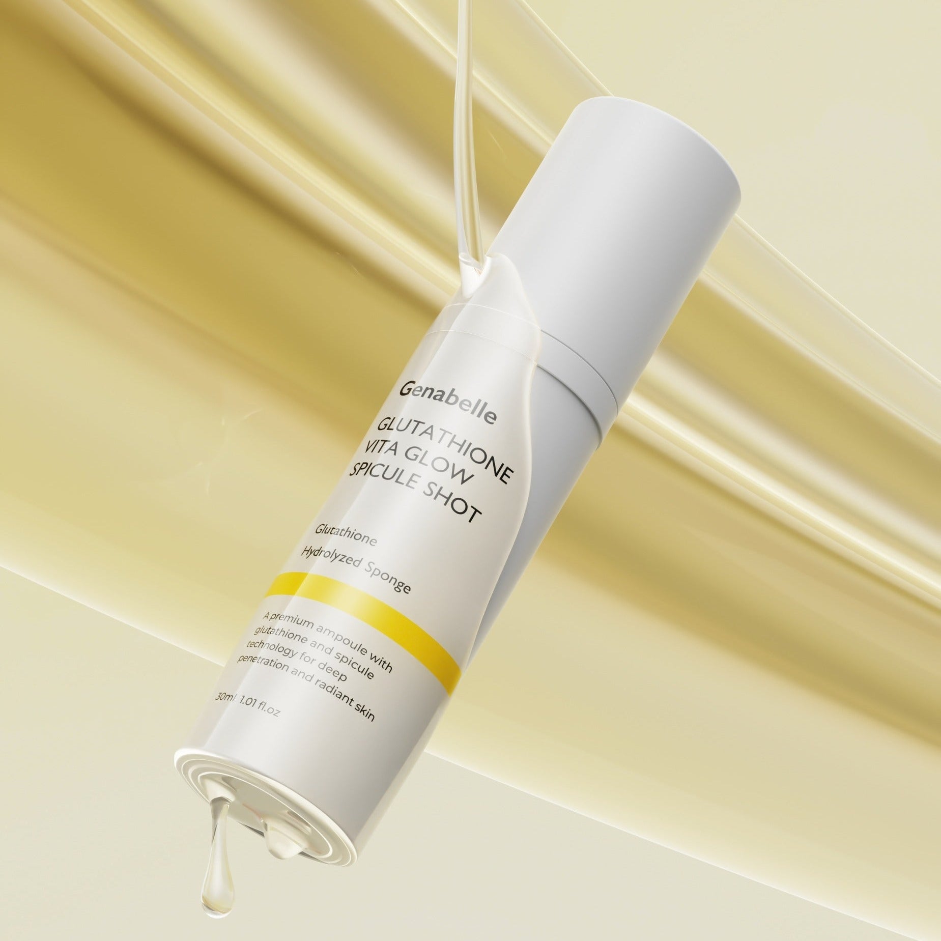 GENABELLE Glutathione Vita Glow Spicule Shot 30ml Genabelle, flacon blanc sur fond jaune lumineux, ambiance skincare.
