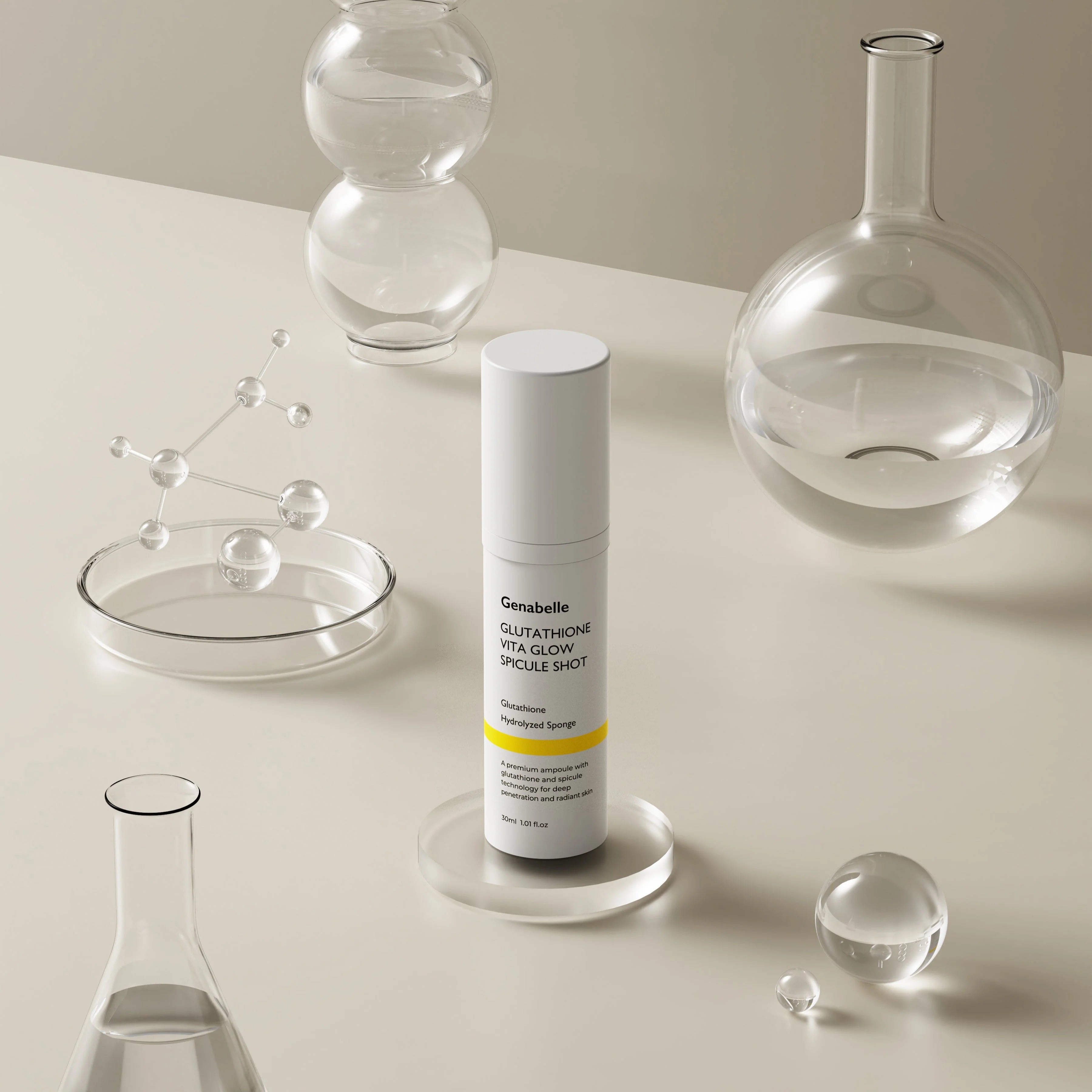 GENABELLE Glutathione Vita Glow Spicule Shot 30ml de la marque Genabelle, flacon blanc sur fond minimal avec verrerie