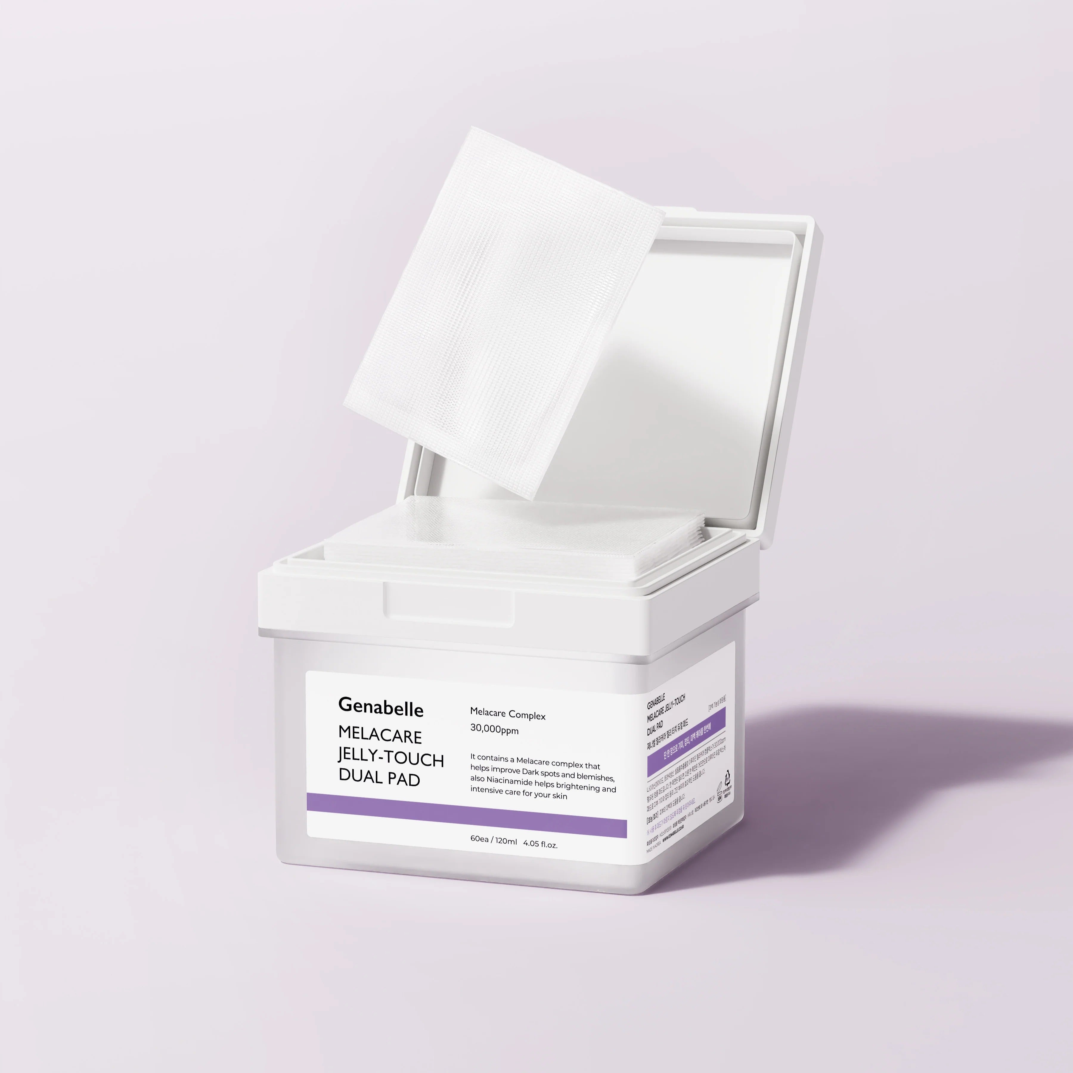 GENABELLE Melacar Jelly Touch Dual Pad 60ea Genabelle, boîte et lingettes ouvertes sur fond clair, visuel produit en gros plan.