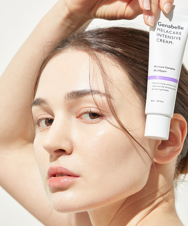 GENABELLE Melacare Intensive Cream 50ml : tube de la marque Genabelle, appliqué sur le visage d’une femme (contexte soin beauté).