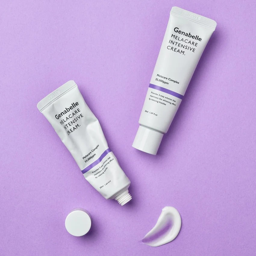 GENABELLE Melacare Intensive Cream 50ml de Genabelle sur fond violet, tube et crème, visuel cosmétique.