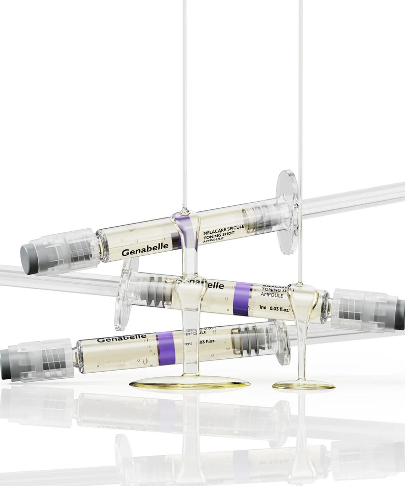 GENABELLE Melacare Spicule Toning Shot Ampoule 3ea, flacons GENABELLE sur fond blanc lumineux