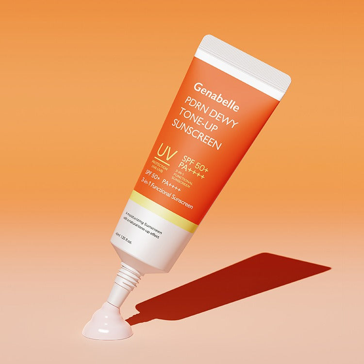 GENABELLE PDRN Dewy Tone-up Sunscreen 40ml de Genabelle, tube crème UV sur fond orange dégradé.