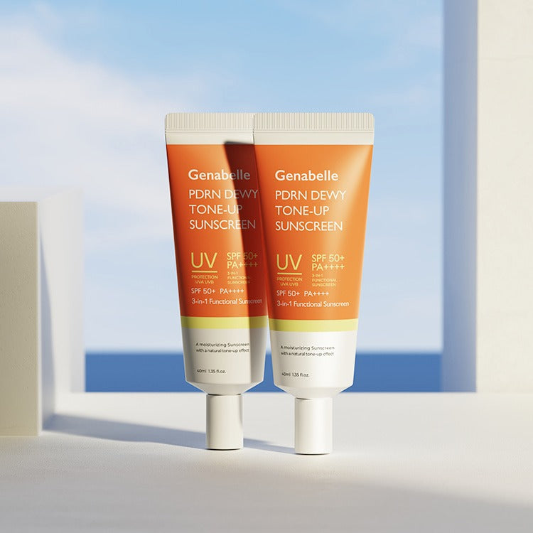 GENABELLE PDRN Dewy Tone-up Sunscreen 40ml, photo produit Genabelle sur fond bleu soleil, tubes crèmes et lumière