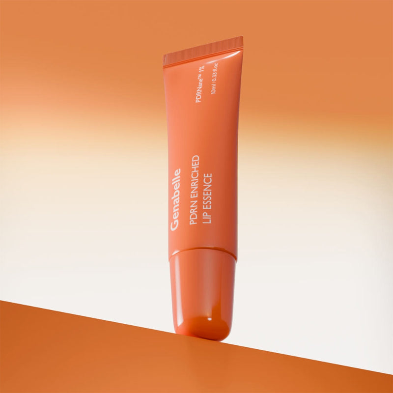 GENABELLE PDRN Enriched Lip Essence 10ml : tube cosmétique sur fond orange dégradé, visuel produit de la marque GENABELLE.