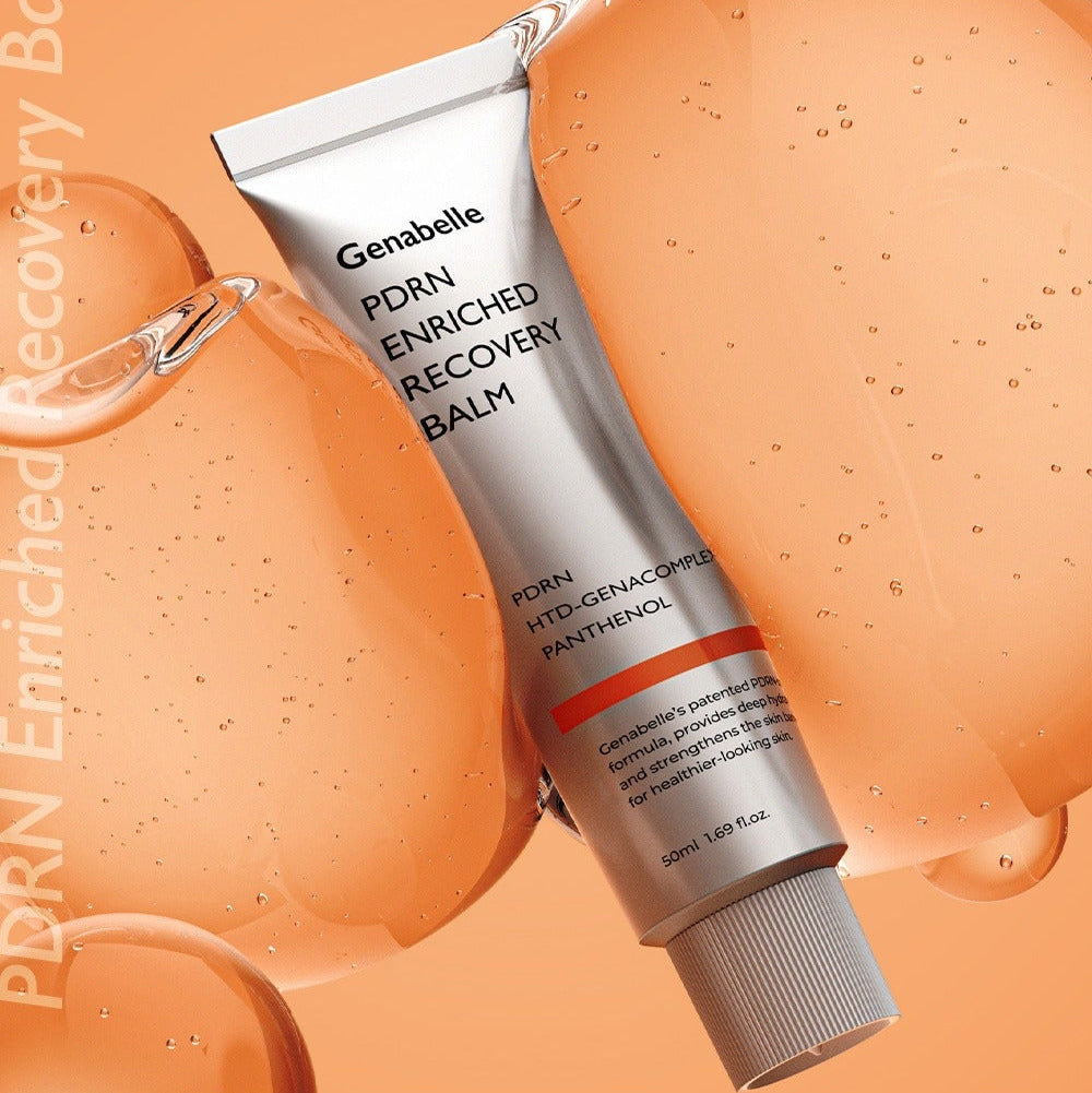 GENABELLE PDRN Enriched Recovery Balm 50ml, baume de récupération de Genabelle, sur fond orange abricot et peau texturée.