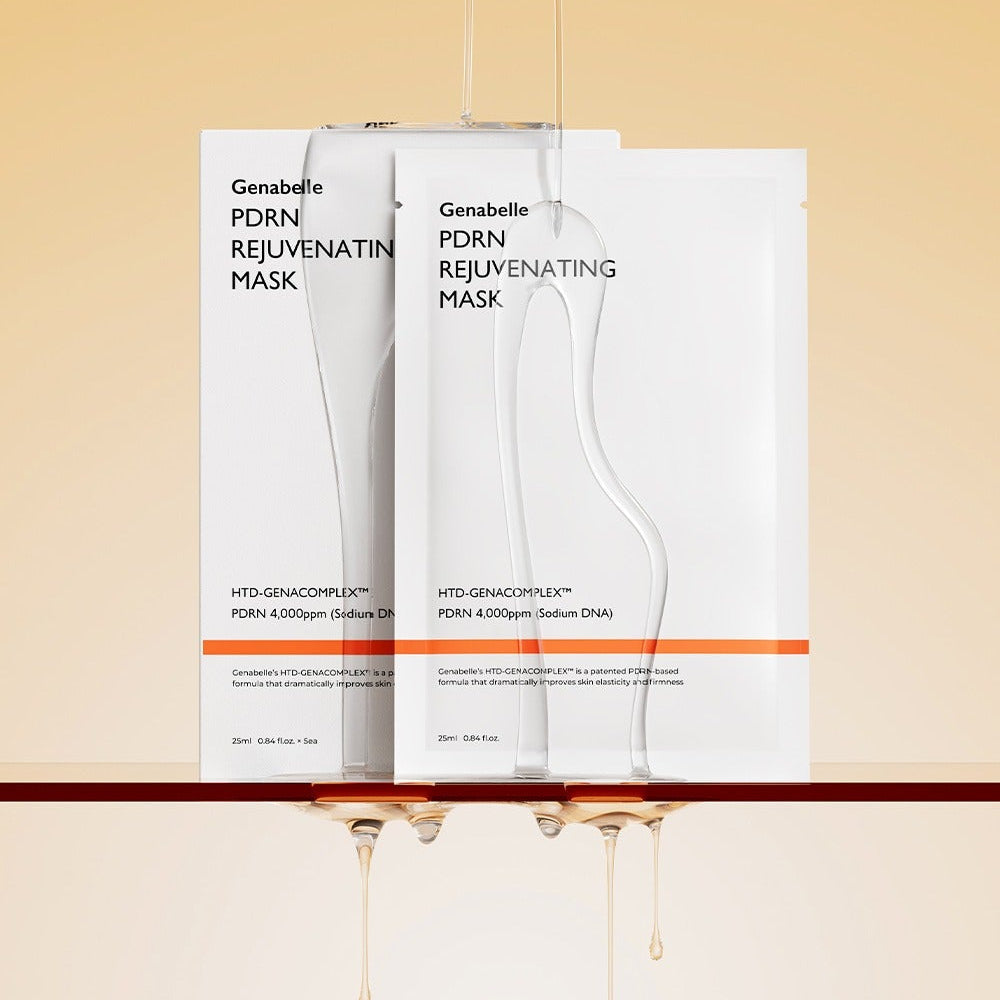 GENABELLE PDRN Rejuvenating Mask 5ea de Genabelle, masques cosmétiques en packs, sur fond beige clair, flacons suspendus.