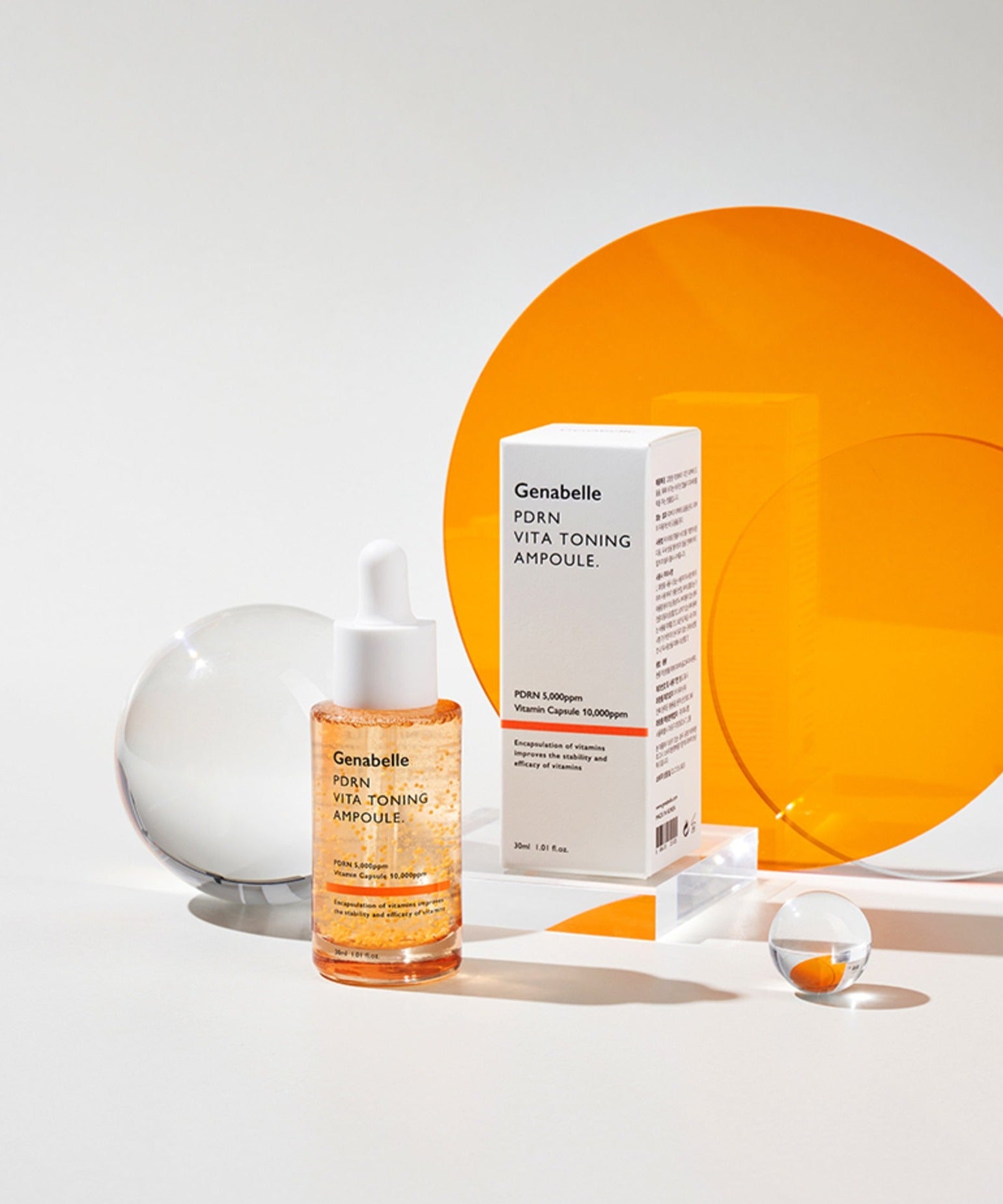 GENABELLE PDRN Vita Toning Ampoule 30ml : flacons et boîte sur fond blanc, marque Genabelle, contexte beauté.
