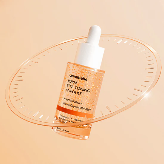 GENABELLE PDRN Vita Toning Ampoule 30ml de Genabelle, flacon goutteur sur fond beige, ambiance soins beauté
