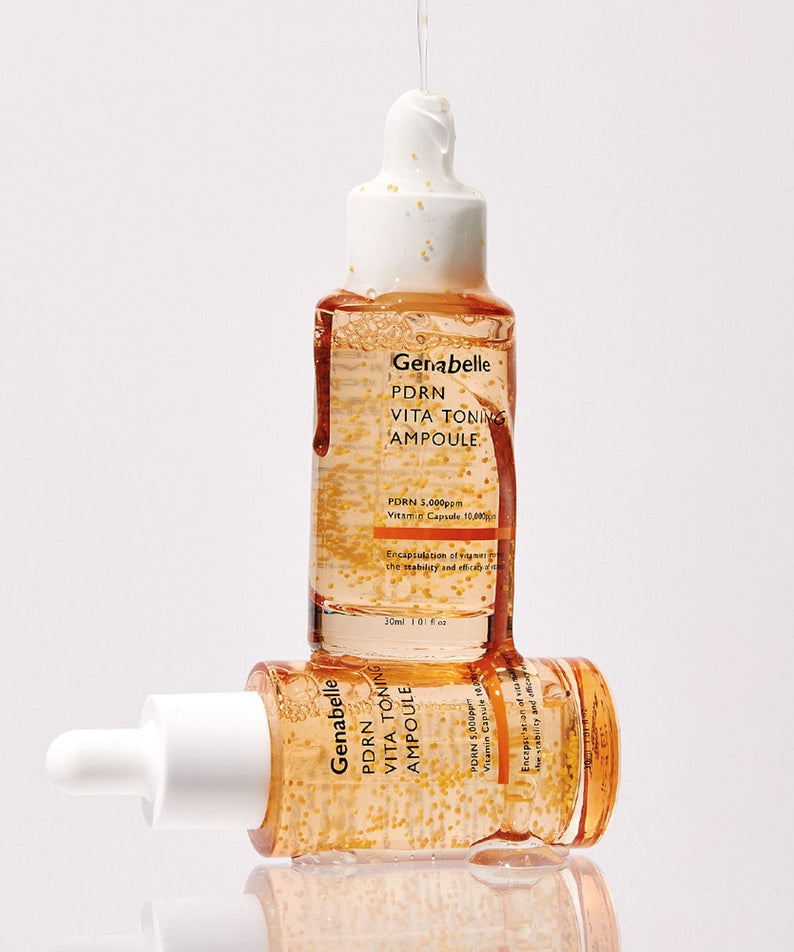 GENABELLE PDRN Vita Toning Ampoule 70ml de la marque Genabelle, sur fond clair, ampoules de sérum orange en contexte beauté.