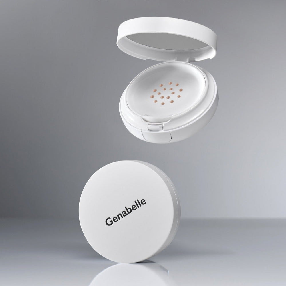GENABELLE RX Derma Sheild Cushion 15g Genabelle : coussin de protection dermocosmétique ouvert, fond gris, studio