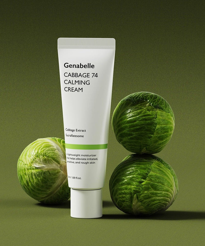 Crème apaisante GENABELLE Cabbage 74 Calming Cream 50ml avec extrait de chou, sur fond vert, pour peau sensible