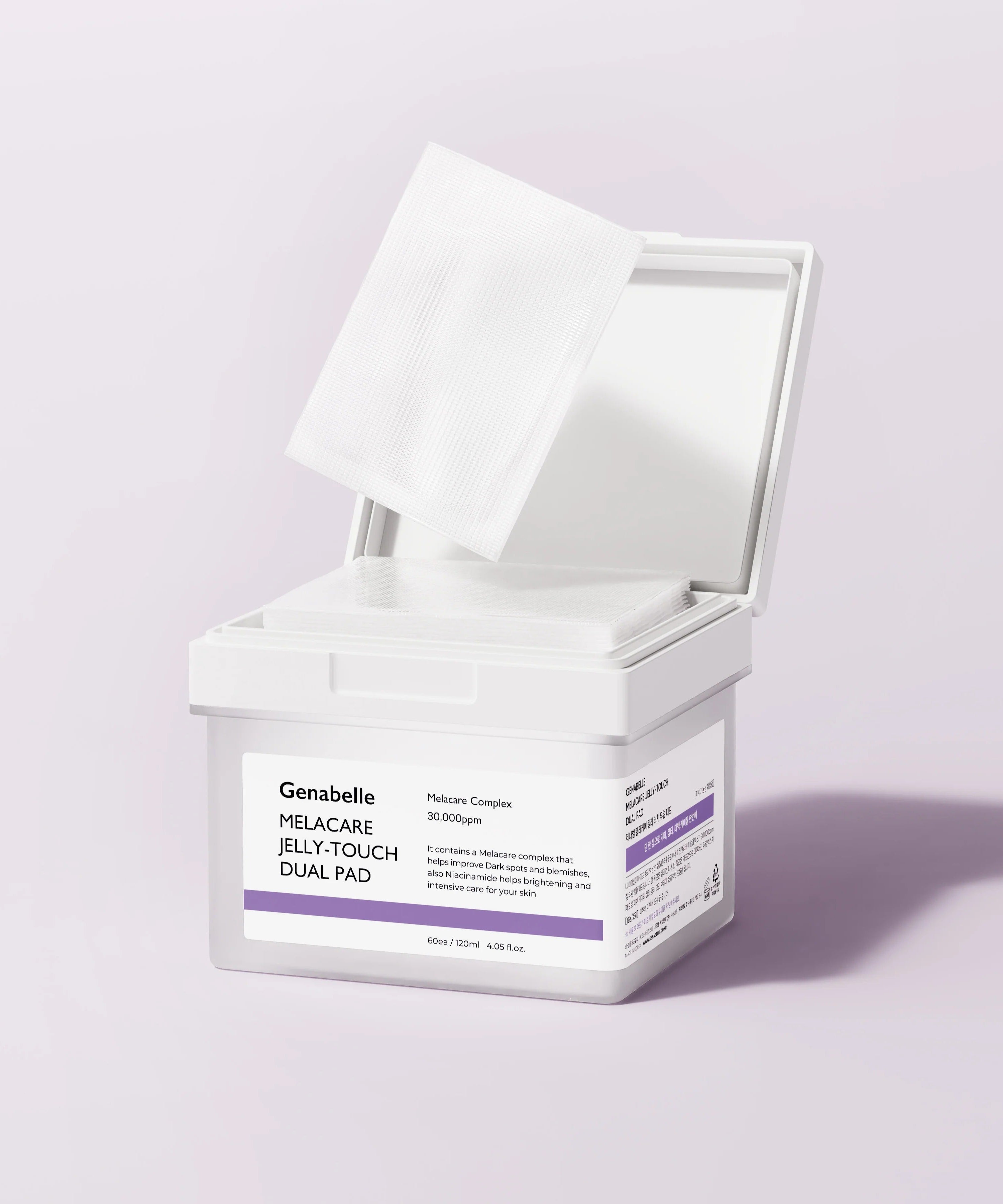 Boîte ouverte de GENABELLE Melacar Jelly Touch Dual Pad 60ea montrant des carrés de coton doux.